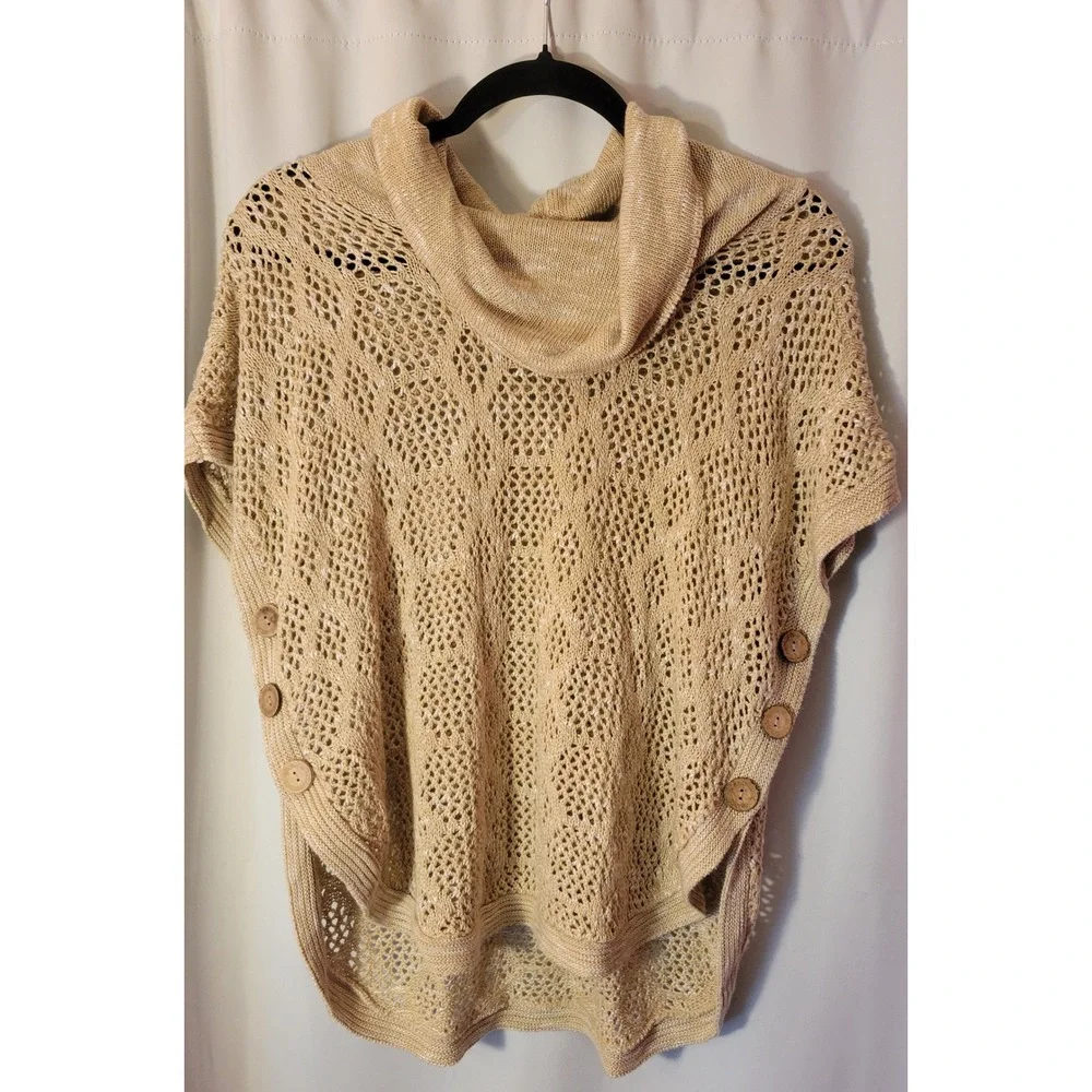 Christopher & Banks Open Knit Poncho Sweater Tan Cowl Neck L/XL